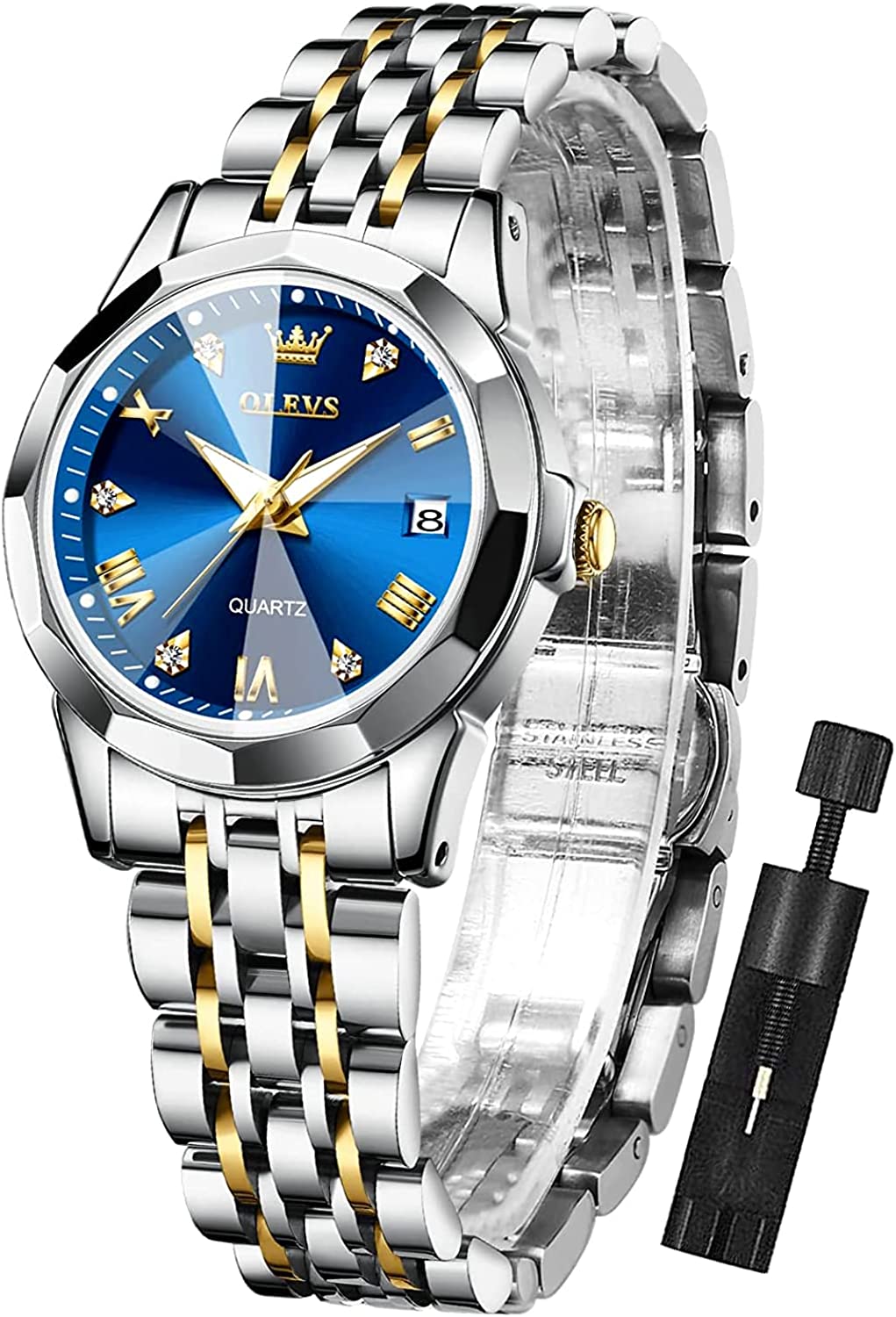 OLEVS Womens Watch Fashion Dress Diamond Female Watches for Ladies Analog Quartz Stainless Steel Waterproof Luminous Day Date Two Tone Wristwatch - Image 1